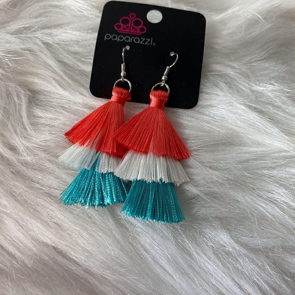 Hot Pink, White and Turquoise Tassel Earrings